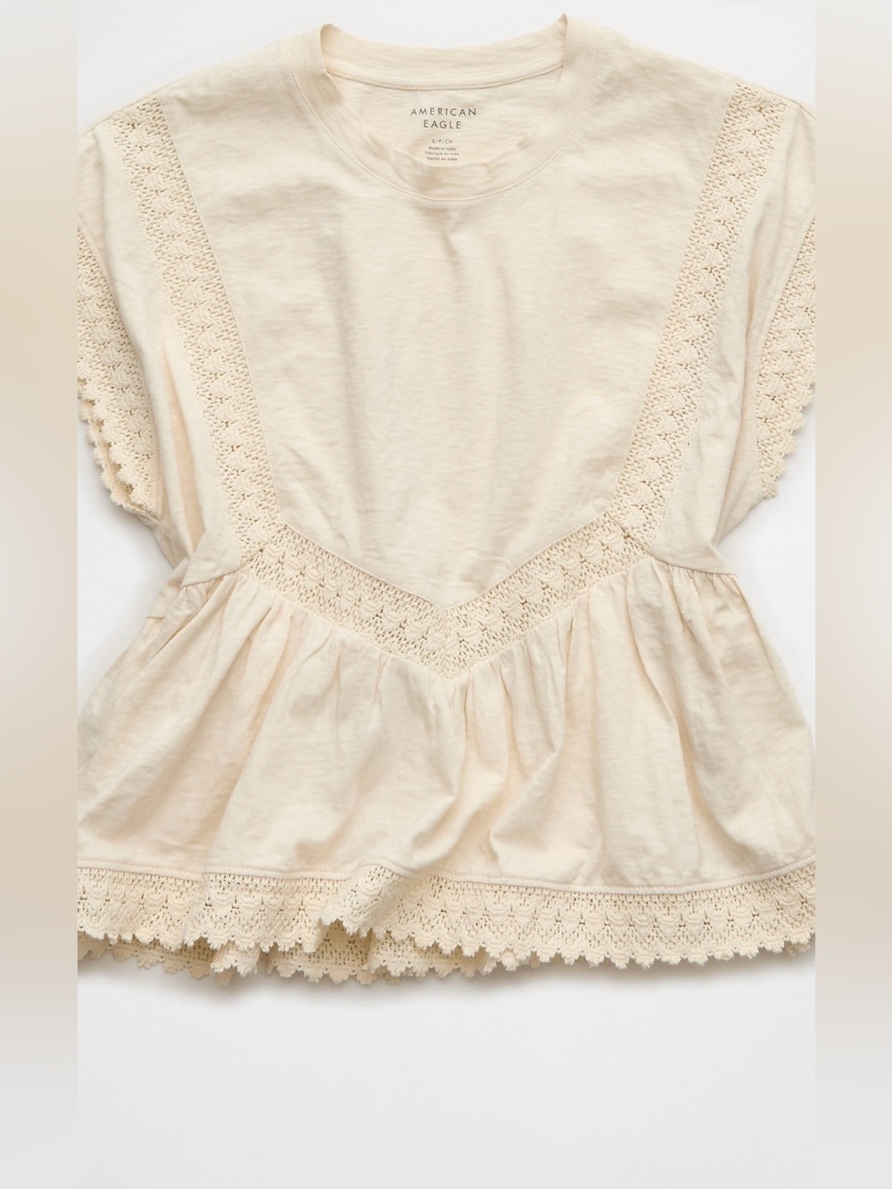 American Eagle Outfitters Cream Crochet-Trim Peplum Tee